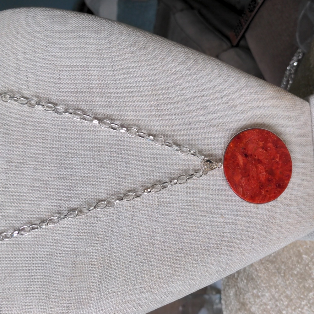 Red Orange Coral Pendant Necklace, New, Genuine. Adjustable 24"  Silver Chain - Picture 2 of 8